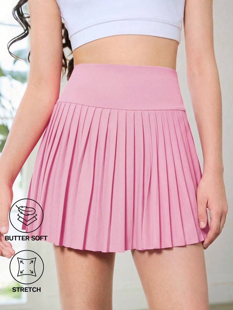 SHEIN Tween Girls Knit Pink Modesty Shorts Pleated Skirt, High Stretch Comfortable Cycling Running Training Shorts, Moisture-Wicking Sweat-Absorbing, Fall - Pink - View 1