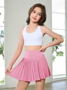 SHEIN Tween Girls Knit Pink Modesty Shorts Pleated Skirt, High Stretch Comfortable Cycling Running Training Shorts, Moisture-Wicking Sweat-Absorbing, Fall - Pink - View 4