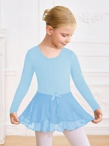 SHEIN 女童針織連身舞裙，緞帶蝴蝶結裝飾，彈性運動服，秋冬返校季，7歲生日，嬰兒藍 - 藍色 - 查看 2