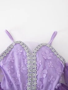 SHEIN Gaun Balet Anak Perempuan Elegan Warna Ungu Gradien dari Tulle dengan Desain Bintang dan Payet, Hiasan Bunga 3D, dan Rhinestone, Model Bahu Terbuka untuk Menari. - Purple - View 7