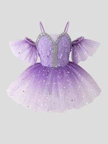 SHEIN Gaun Balet Anak Perempuan Elegan Warna Ungu Gradien dari Tulle dengan Desain Bintang dan Payet, Hiasan Bunga 3D, dan Rhinestone, Model Bahu Terbuka untuk Menari. - Purple - View 3