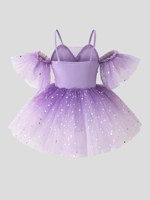 SHEIN Gaun Balet Anak Perempuan Elegan Warna Ungu Gradien dari Tulle dengan Desain Bintang dan Payet, Hiasan Bunga 3D, dan Rhinestone, Model Bahu Terbuka untuk Menari. - Purple - View 4