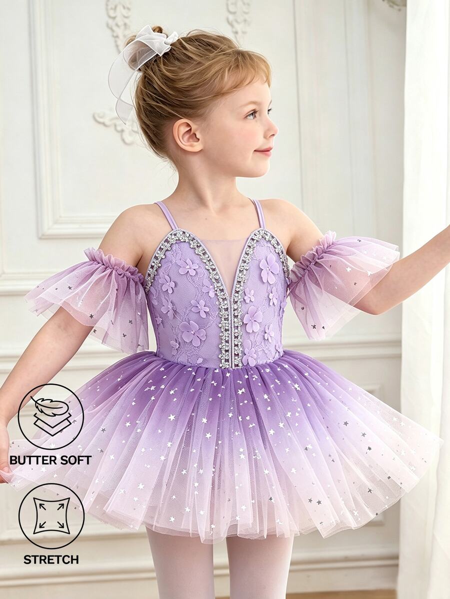 SHEIN Gaun Balet Anak Perempuan Elegan Warna Ungu Gradien dari Tulle dengan Desain Bintang dan Payet, Hiasan Bunga 3D, dan Rhinestone, Model Bahu Terbuka untuk Menari. - Purple - View 1