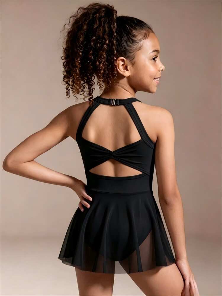 SHEIN Young Girls' High-Elastic Skin-Friendly White One-Piece Dress, Mesh Back Splice, Soft Stretchy Fabric, Yoga 7th Birthday, Dance, Gymnastics - Black - View 7