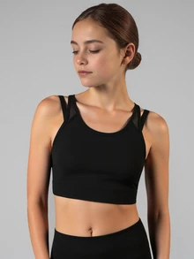 Tween Girls Solid All Black Design Vest, Modest Minimalist, Yoga Bra, Back Mesh Criss-Cross Strap Gym Active Summer - Black - View 2