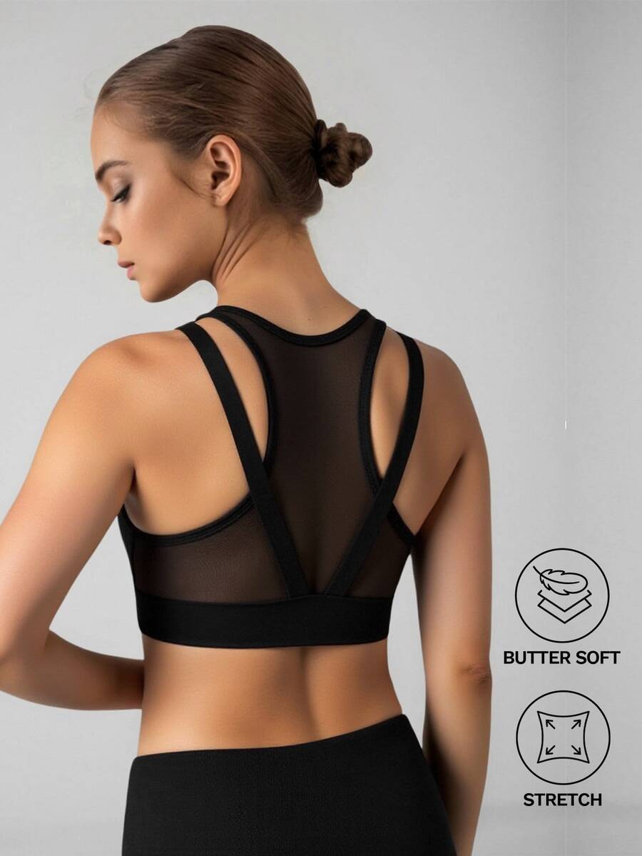 Tween Girls Solid All Black Design Vest, Modest Minimalist, Yoga Bra, Back Mesh Criss-Cross Strap Gym Active Summer - Black - View 1