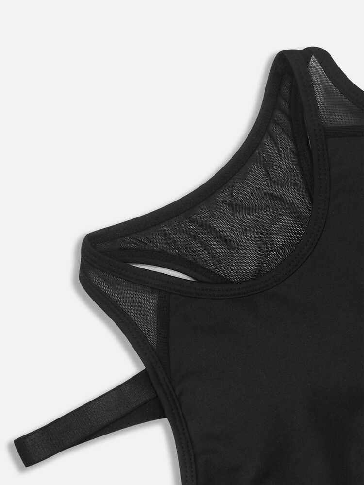 Áo vest thể thao cho bé gái tween màu đen trơn, phong cách tối giản kín đáo, áo ngực yoga, lưng lưới dây đan chéo, đồ tập gym năng động mùa hè - màu đen - Xem 5
