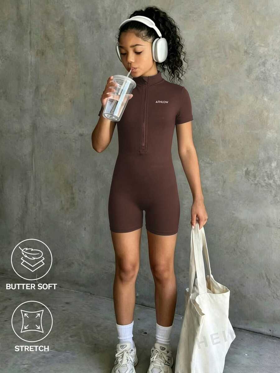 SHEIN 青少年女孩深棕色修身連身褲,柔軟彈性面料,短款瑜伽休閒日常運動健身夏季保守風 - 咖啡棕 - 查看 1
