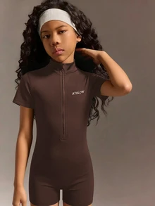 SHEIN 青少年女孩深棕色修身連身褲，柔軟彈性面料，短款瑜伽休閒日常運動健身夏季保守風 - 咖啡棕 - 查看 6