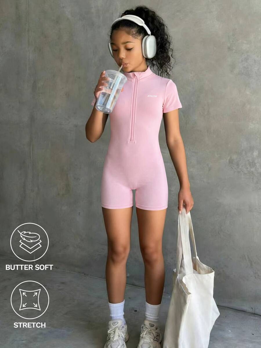 SHEIN 少女修身連身褲,柔軟彈性布料,高彈性,時尚短版瑜伽休閒運動健身裝,淺粉色夏季款 - 粉色 - 查看 1