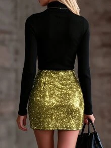 GlowEve Fall Clothes FOR WomenWomen's Solid Color Pleated Shiny Fashion Short Skirt - Gold - View 2
