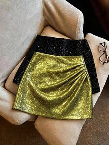 GlowEve Fall Clothes FOR WomenWomen's Solid Color Pleated Shiny Fashion Short Skirt - Gold - View 6