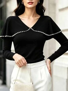 RosyDaze Women's Faux Pearl Decorated Long Sleeve Elegant T-Shirt - Multicolor - View 5