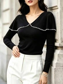 RosyDaze Women's Faux Pearl Decorated Long Sleeve Elegant T-Shirt - Multicolor - View 6