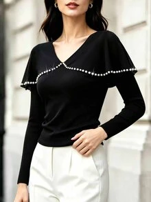 RosyDaze Women's Faux Pearl Decorated Long Sleeve Elegant T-Shirt - Multicolor - View 7
