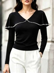 RosyDaze Women's Faux Pearl Decorated Long Sleeve Elegant T-Shirt - Multicolor - View 4