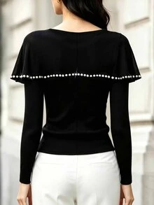 RosyDaze Women's Faux Pearl Decorated Long Sleeve Elegant T-Shirt - Multicolor - View 3