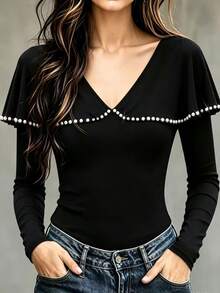 RosyDaze Women's Faux Pearl Decorated Long Sleeve Elegant T-Shirt - Multicolor - View 2