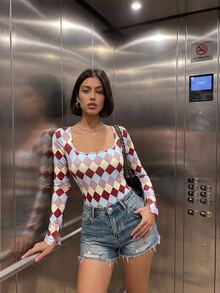 Aidyla Kaos Kasual Wanita Lengan Panjang Leher U Bermotif Berlian Warna-warni, Potongan Slim Fit, Lapisan Dalam yang Nyaman untuk Musim Semi dan Gugur, Cocok untuk Beraktivitas di Luar Ruangan dan Pemakaian Sehari-hari - MultiWarna - View 3