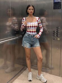 Aidyla Kaos Kasual Wanita Lengan Panjang Leher U Bermotif Berlian Warna-warni, Potongan Slim Fit, Lapisan Dalam yang Nyaman untuk Musim Semi dan Gugur, Cocok untuk Beraktivitas di Luar Ruangan dan Pemakaian Sehari-hari - MultiWarna - View 6