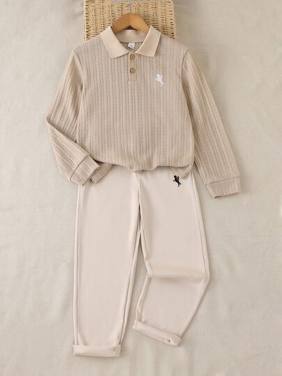 Ensemble de 2 pièces pour garçons (grands) tenue élégante, polo à manches longues modeste et habillé d'été + pantalon long décontracté ensemble 2 pièces, retour à l'école beige gris