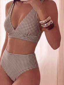 Costavie Set Bikini Wanita Motif Kotak-kotak Cokelat Acak Model V-Neck Tanpa Punggung dengan Pinggang Tinggi untuk Musim Semi/Panas 2026 - MultiWarna - View 3
