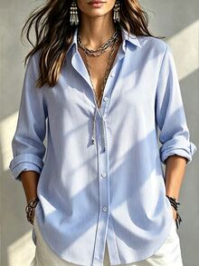 Linhara Plus Size Women's Striped Casual Daily Wear Shirt - Blue - View 3