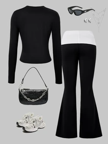SHEIN Setelan Anak Perempuan 2pcs/Set Kaos Lengan Panjang Slim Fit Minimalis Kasual Bordir Kuda, Pakaian Musim Gugur, Atasan Musim Gugur, Musim Gugur, Musim Semi - Hitam - View 2
