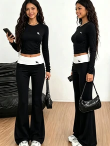 SHEIN Setelan Anak Perempuan 2pcs/Set Kaos Lengan Panjang Slim Fit Minimalis Kasual Bordir Kuda, Pakaian Musim Gugur, Atasan Musim Gugur, Musim Gugur, Musim Semi - Hitam - View 8