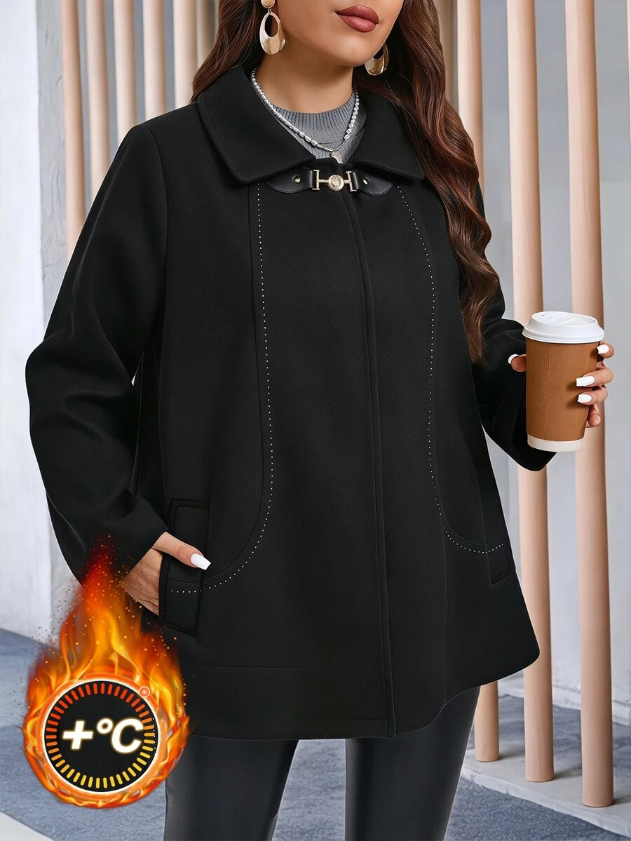 Chikora Plus Size Women's Long Sleeve Metal Button Front Pocket Wool Blend Jacket - Black - View 1