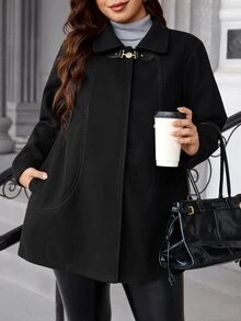 Chikora Plus Size Women's Long Sleeve Metal Button Front Pocket Wool Blend Jacket - Black - View 9