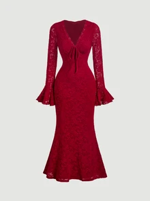 SHEIN MOD Women's V-Neck Front Tie Bell Sleeve Fitted Mermaid Hem Elegant Long Dress - Burgundy - View 5