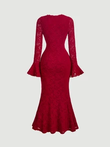 SHEIN MOD Women's V-Neck Front Tie Bell Sleeve Fitted Mermaid Hem Elegant Long Dress - Burgundy - View 6