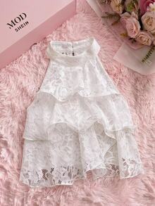 SHEIN MOD Atasan Wanita 1 potong Berenda Bunga Leher Halter Tanpa Punggung Berlapis Ruffle Putih Lucu dan Genit untuk Pesta Musim Gugur - Putih - View 3