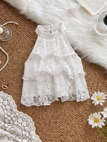SHEIN MOD Atasan Wanita 1 potong Berenda Bunga Leher Halter Tanpa Punggung Berlapis Ruffle Putih Lucu dan Genit untuk Pesta Musim Gugur - Putih - View 4