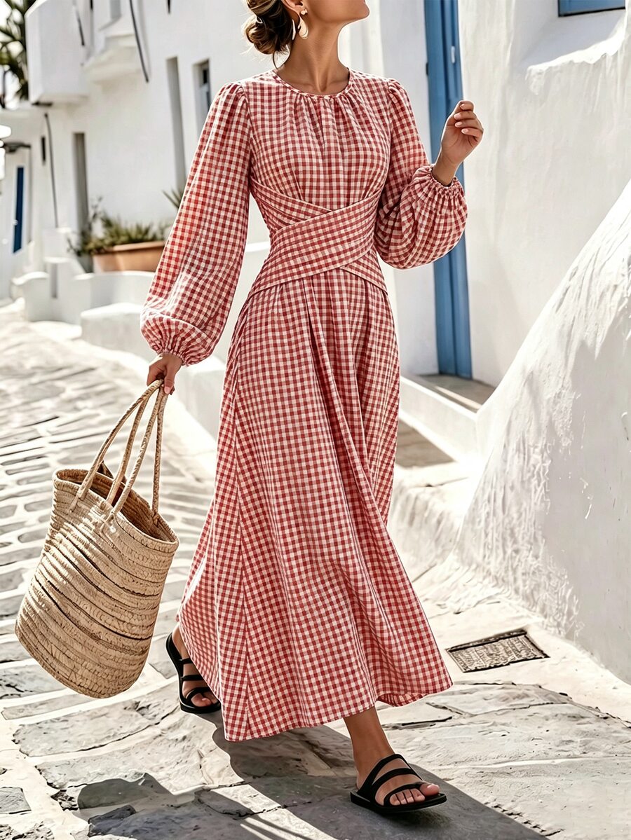 Linhara CURVE Plus Size Women's Plaid Casual Party Dress - Burgundy - View 1