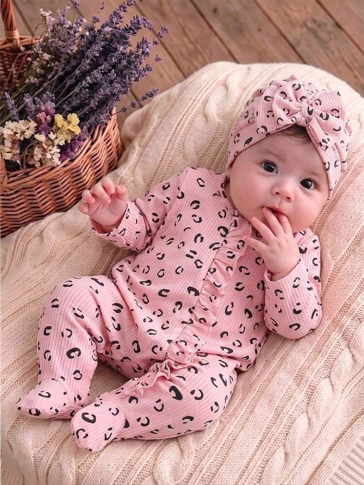 SHEIN Newborn Baby Girl's Pink And Black Leopard Print Footed Jumpsuit With Bow Cap Cute Autumn Honeycomb Knit Ruffle Dress For Family Photoshoot - Pink - View 1