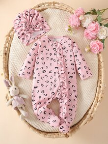 SHEIN 新生女嬰粉紋連腳連身衣附蝴蝶結帽，可愛秋季蜂巢針織荷葉邊洋裝，適合家庭拍照 - 粉色 - 查看 5