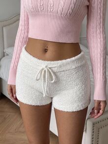 CovetEZ Women's Solid Color Casual Cute Versatile Daily Wear Knit Shorts Lounge Light Pink White Autumn - White - View 4