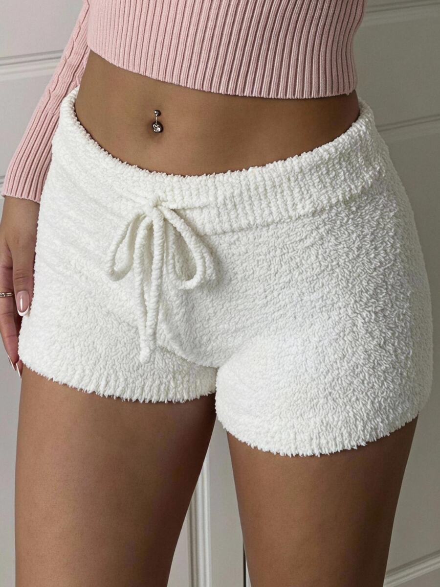 CovetEZ Women's Solid Color Casual Cute Versatile Daily Wear Knit Shorts Lounge Light Pink White Autumn - White - View 1