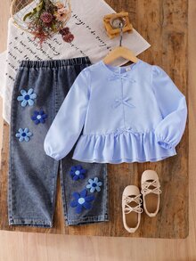 Elladie kids 甜美鄉村風秋季少女蝴蝶結粉色條紋長袖上衣與刺繡花卉牛仔褲2件套，適合秋季日常購物與外出穿著 - 藍色 - 查看 10