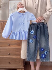 Elladie kids 甜美鄉村風秋季少女蝴蝶結粉色條紋長袖上衣與刺繡花卉牛仔褲2件套，適合秋季日常購物與外出穿著 - 藍色 - 查看 3