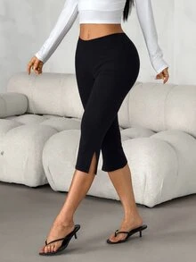 SHEIN PETITE Women's Petite Black Cropped Pants With Side Slits – Slim-Fit For Sports & Commuting - Black - View 4