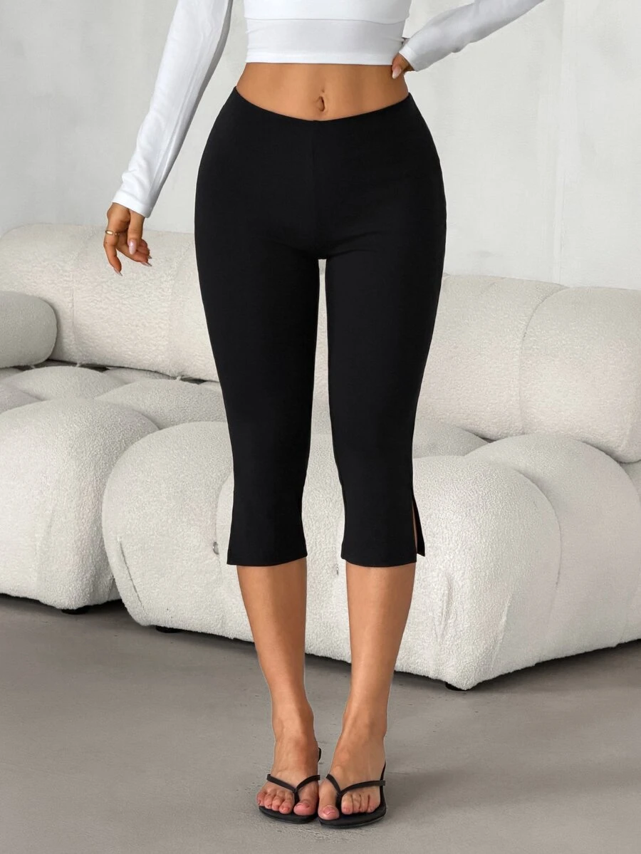 SHEIN PETITE Women's Petite Black Cropped Pants With Side Slits – Slim-Fit For Sports & Commuting - Black - View 1
