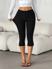 SHEIN PETITE Women's Petite Black Cropped Pants With Side Slits – Slim-Fit For Sports & Commuting - Black - View 5