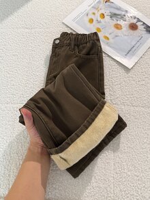 SHEIN 女童棕色丹寧刷毛內裡寬鬆長牛仔褲，秋冬牛仔女孩風，萬聖節聖誕節適用 - 棕色 - 查看 7