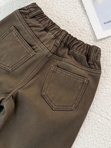 SHEIN 女童棕色丹寧刷毛內裡寬鬆長牛仔褲，秋冬牛仔女孩風，萬聖節聖誕節適用 - 棕色 - 查看 6