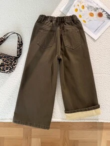 SHEIN 女童棕色丹寧刷毛內裡寬鬆長牛仔褲，秋冬牛仔女孩風，萬聖節聖誕節適用 - 棕色 - 查看 3