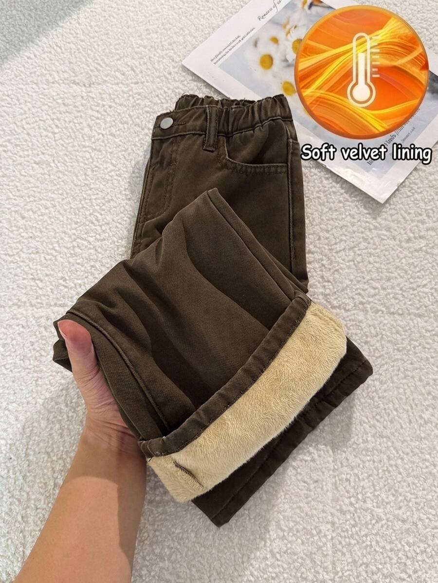 SHEIN 女童棕色丹寧刷毛內裡寬鬆長牛仔褲,秋冬牛仔女孩風,萬聖節聖誕節適用 - 棕色 - 查看 1