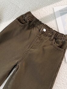 SHEIN 女童棕色丹寧刷毛內裡寬鬆長牛仔褲，秋冬牛仔女孩風，萬聖節聖誕節適用 - 棕色 - 查看 9